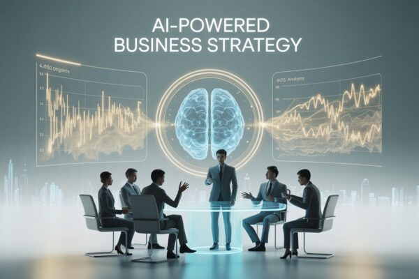 Futuristic digital interface showing AI-powered data analytics, business charts, and team collaboration visuals representing AI tools for business strategy.