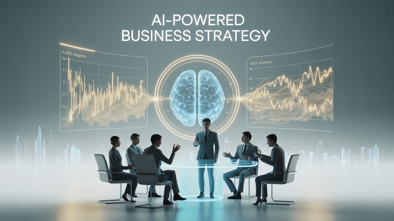 Futuristic digital interface showing AI-powered data analytics, business charts, and team collaboration visuals representing AI tools for business strategy.